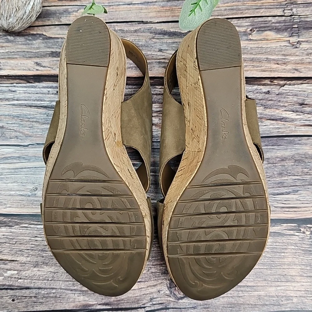 CLARKS ARTISAN SUEDE WEDGE CORK HEEL SLINGBACK SANDAL